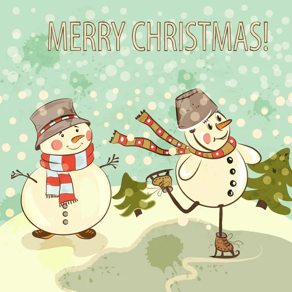 Christmas card with snowmen in vintage style — Stock Vector