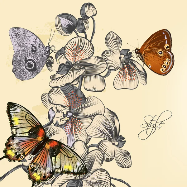 Patrón de moda con mariposas y orquídeas — Vector de stock