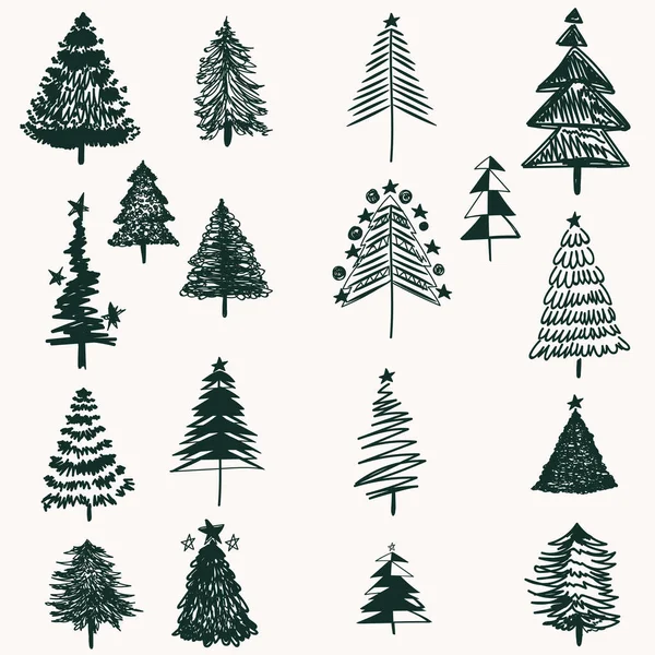 Collection Vector Christmas Trees Doodle Rustic Style — Stock Vector