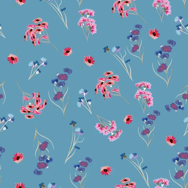 Όμορφη Ρουστίκ Διάνυσμα Floral Απρόσκοπτη Μοτίβο Ροζ Λουλούδια Στο Μπλε — Διανυσματικό Αρχείο