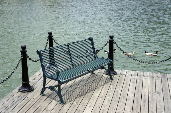 Zahradní lavička na břehu jezera — Stock fotografie
