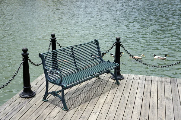 Trädgård bänk på lakeside — Stockfoto