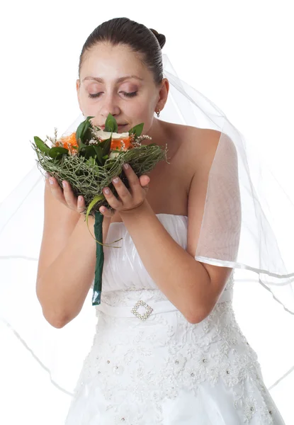 Bride holding boquet — Stock Photo, Image