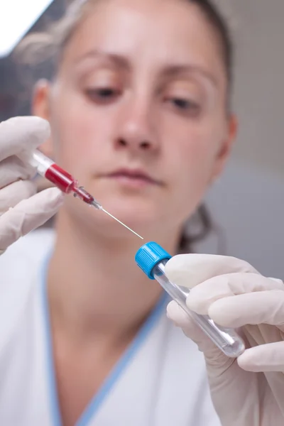 Injecção de sangue no tubo de ensaio — Fotografia de Stock