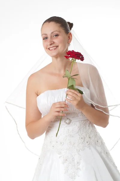 Sposa in bianco con rosa rossa — Foto Stock
