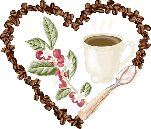 Xícara de café e grãos de café dentro no coração — Vetor de Stock