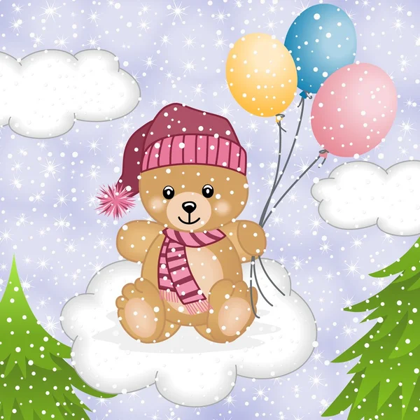 Urso de pelúcia voando balões na neve — Vetor de Stock