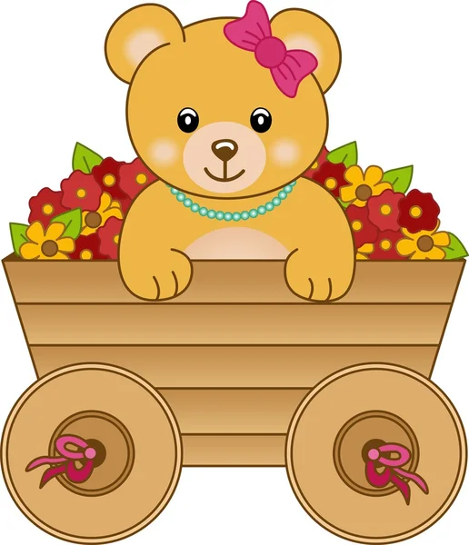 Ursinho bonito dentro de flores de carrinho — Vetor de Stock