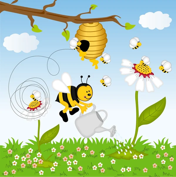 Bee watering flower in the forest — Stock Vector