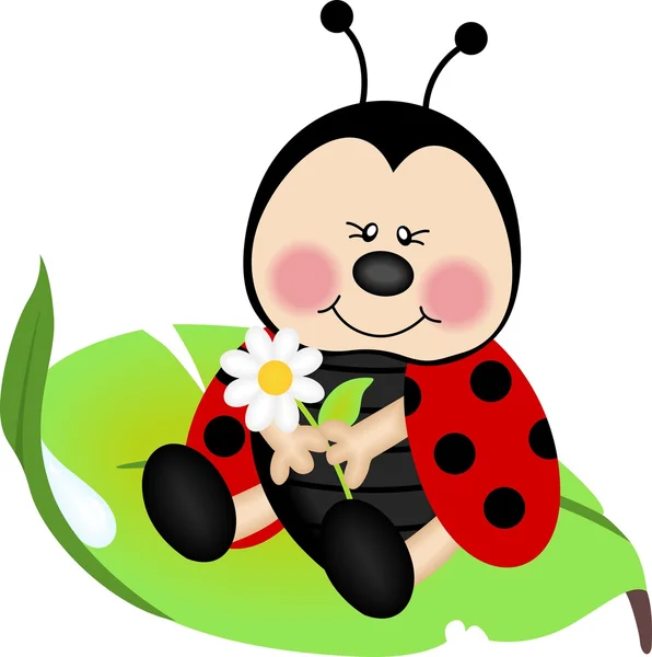 緑の葉の上に座っているLadybug — ストックベクタ