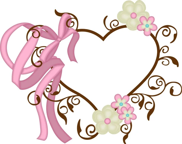 Hart frame met ribbon bow en bloemen — Stockvector