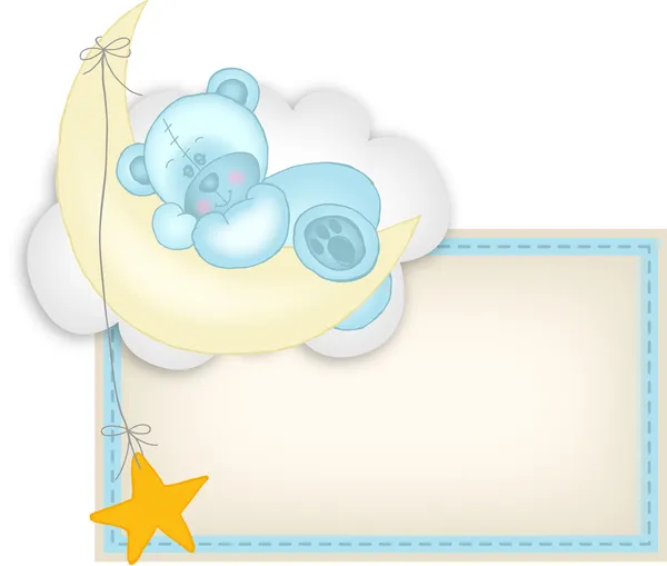 Baby boy etiqueta osito de peluche durmiendo en una luna — Vector de stock