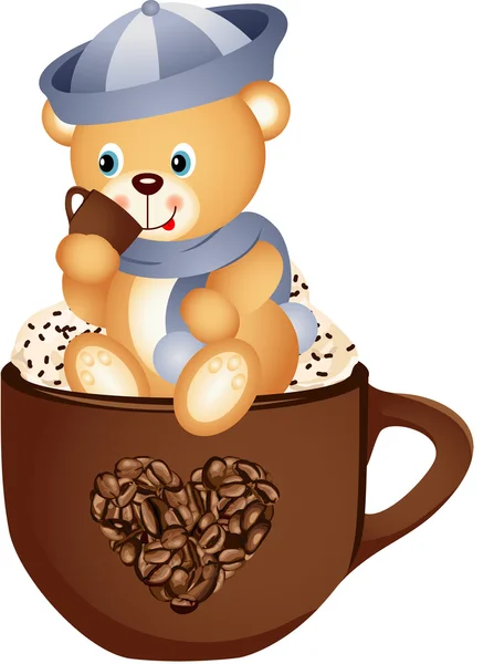 Teddy urso beber café quente — Vetor de Stock