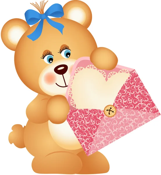 Teddybär mit Umschlag und Herz — Stockvektor