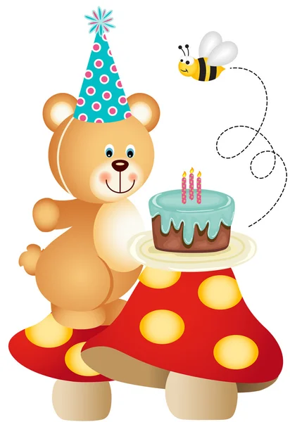 Teddy bear and birthday cake on mushrooms — Stockvector