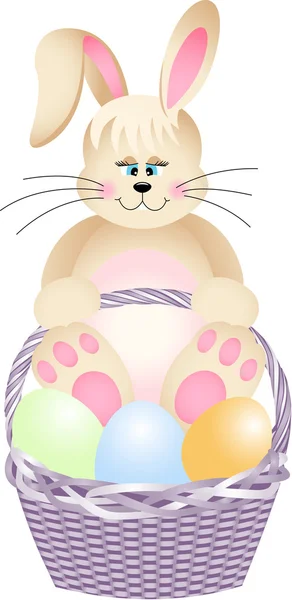 Happy bunny in de mand met Pasen eieren — Stockvector