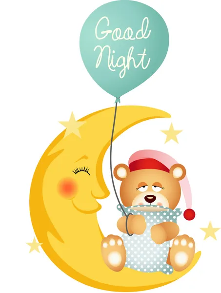 Спокойной ночи, плюшевый мишка сидит на луне. — стоковый вектор