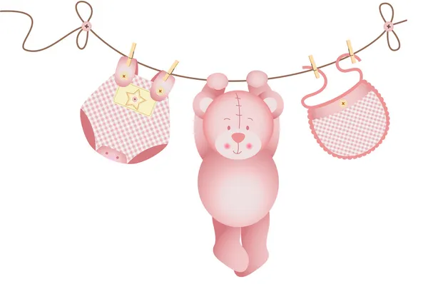 Teddy bear baby girl hanging on a clothesline — Stock Vector