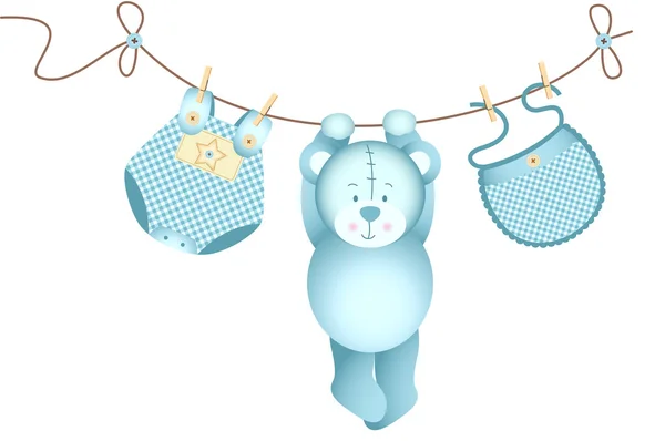 Teddy bear baby boy hanging on a clothesline — Stock Vector