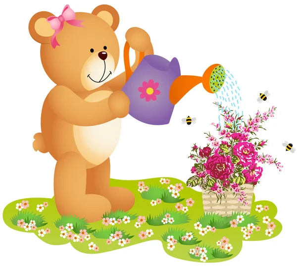 Teddy bear drenken bloemen — Stockvector