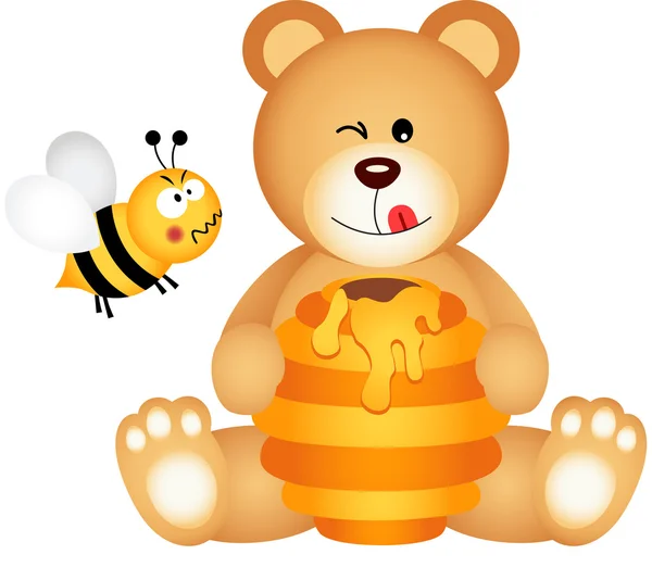 Teddybär frisst Honig und Biene wütend — Stockvektor