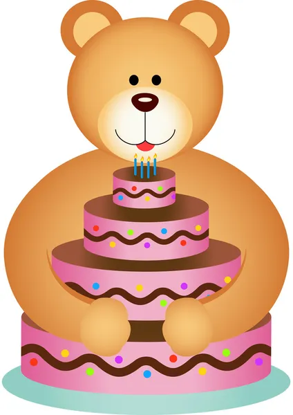 Osito de peluche abrazando pastel de cumpleaños — Vector de stock