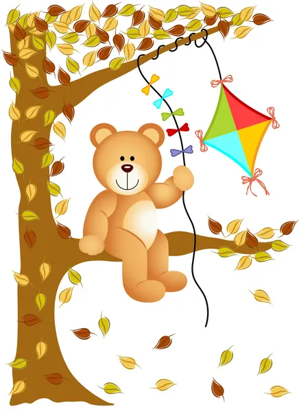 Medvídek sedí na stromě s větru draka — Stockový vektor