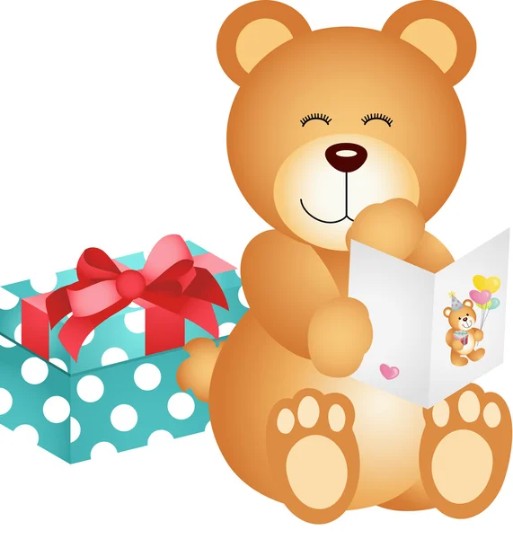 Αρκουδάκι με κάρτα γενεθλίων και δώρο — Διανυσματικό Αρχείο