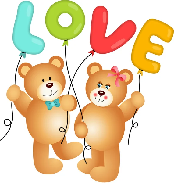 Χαριτωμένο ζευγάρι αρκουδάκι κρατώντας αγάπη μπαλόνι — Διανυσματικό Αρχείο
