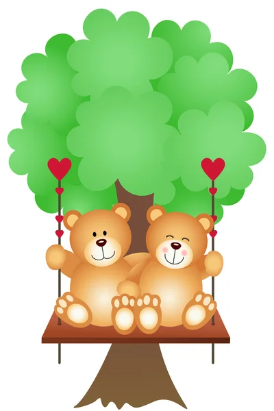 Çift oyuncak ayılar ağaçta salıncak — Stok Vektör