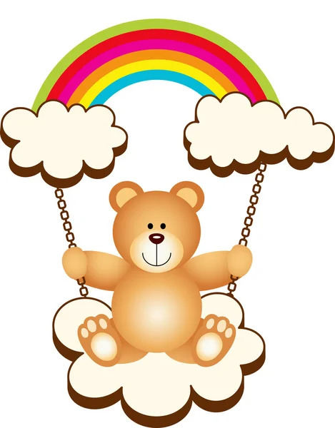 Teddy Bear in Swing Cloud Rainbow — Stock Vector