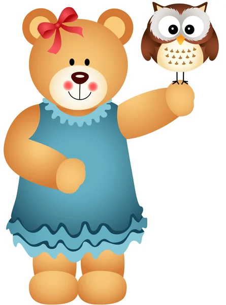 Mädchen mit Teddybär hält Eule in der Hand — Stockvektor