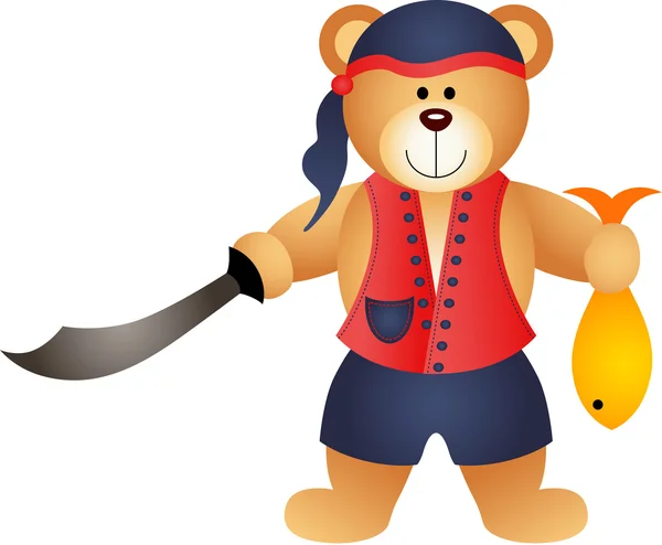 Teddy Bear Pirate with Sword and Fish — Stock Vector