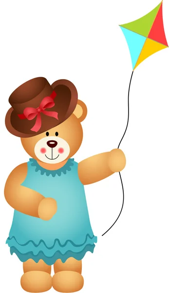 Meisje teddybeer met kite wind — Stockvector