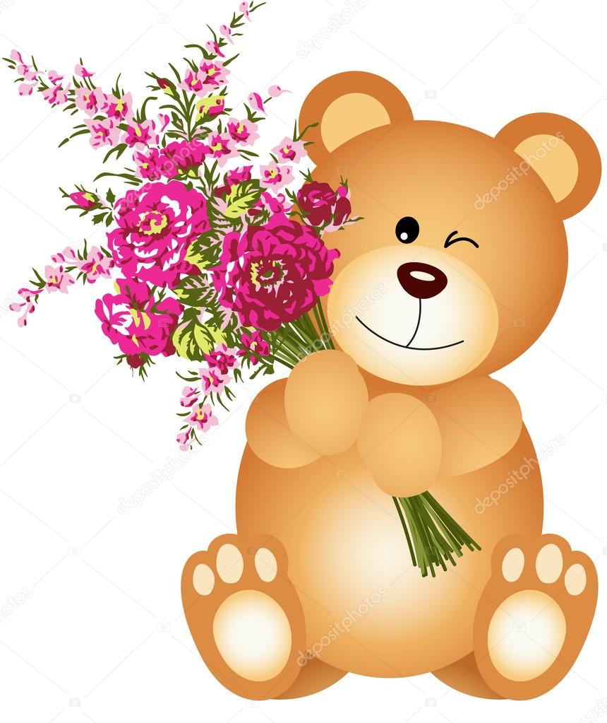 Teddy Bear Holding Flowers