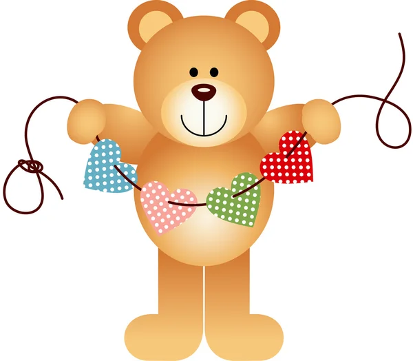 Teddy bear houden tekenreeks harten — Stockvector