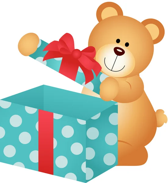 Boîte cadeau ouverte ours en peluche — Image vectorielle