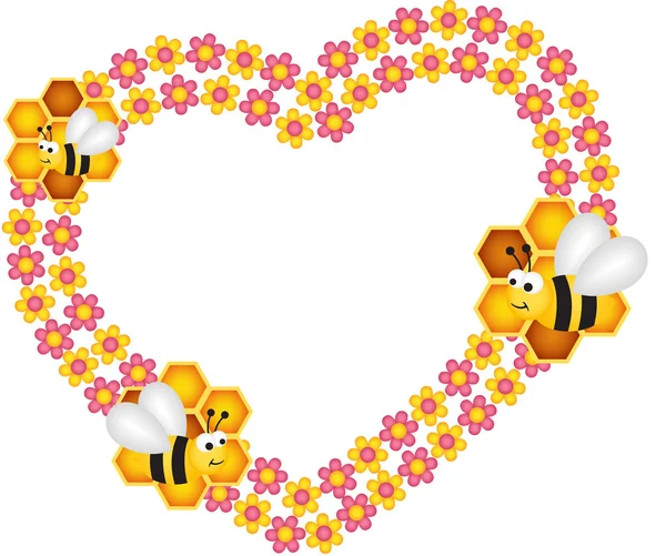 Abeja y su miel flor corazón marco — Archivo Imágenes Vectoriales