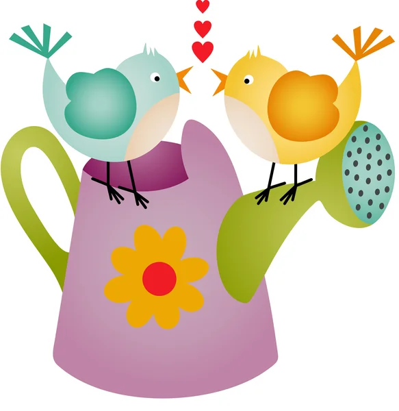 Love Birds on Watering Can — Stock Vector