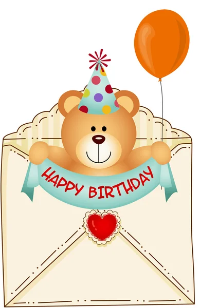 Teddy Bear in Happy Birthday Envelope — Stock Vector