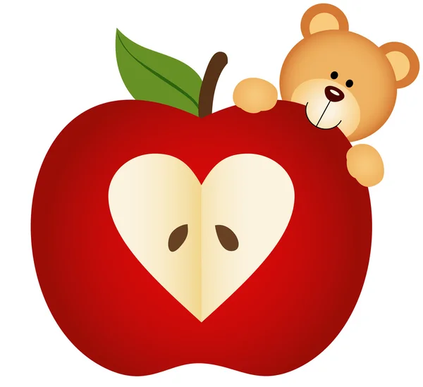 Teddy bear op apple — Stockvector