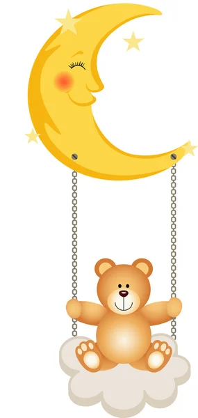 Teddy Bear Swinging in Moon — Stock Vector