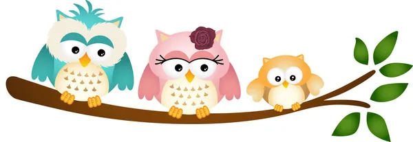 Happy Owl Family on Tree Branch — Stock Vector