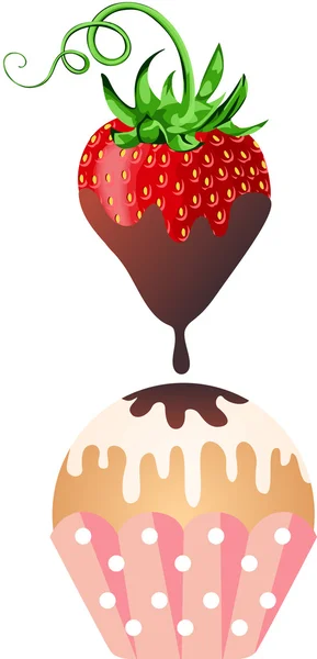Сладкая клубника капает с теплым молочным шоколадом в кекс — стоковый вектор