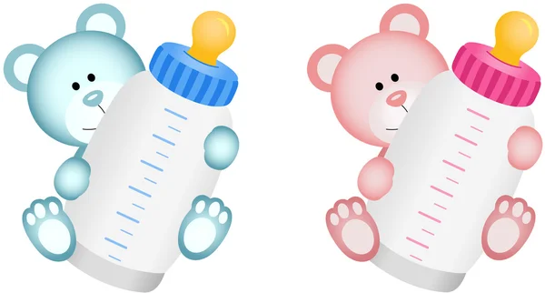 哺乳瓶でかわいい赤ちゃんテディベア — ストックベクタ