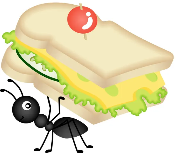 Hormiga llevando sándwich de queso — Vector de stock