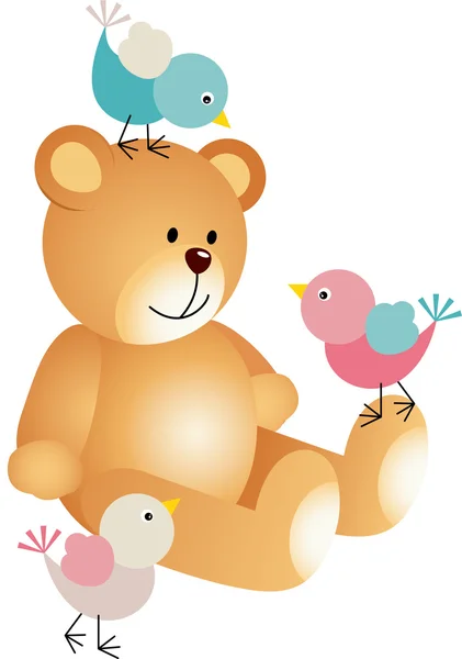 Teddy bear with a three birds — Stockvector