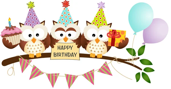 お誕生日おめでとうかわいいの 3 羽のフクロウ — ストックベクタ