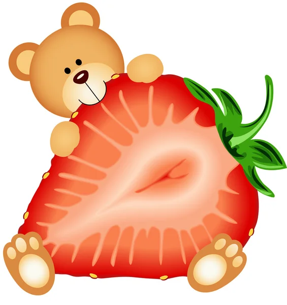 Urso de pelúcia comendo morango fatiado —  Vetores de Stock