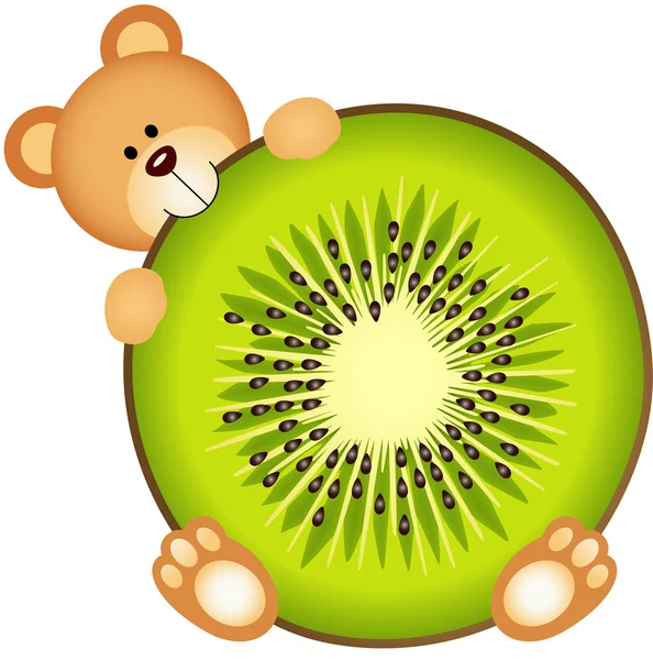 Plyšový medvěd jíst kiwi řezy — Stockový vektor